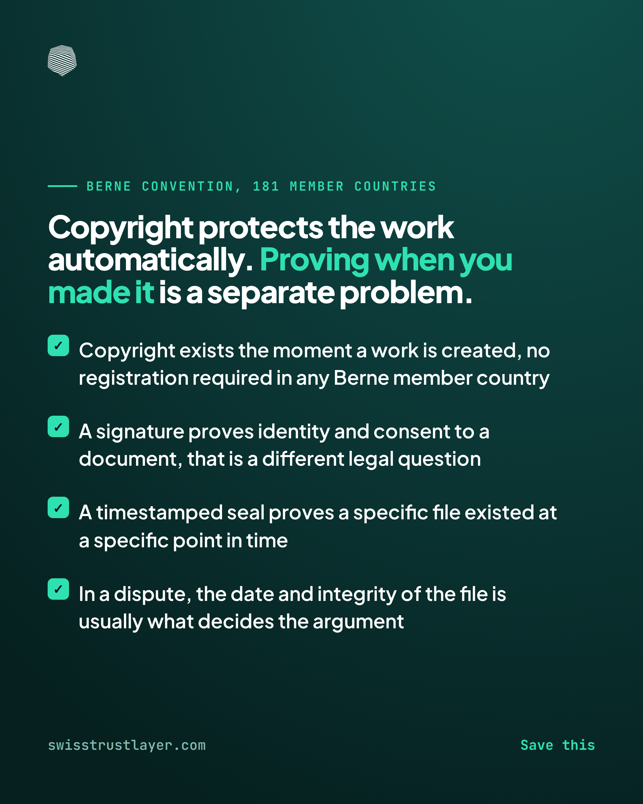 Why copyright proof works even where qualified signing doesn't — Swiss Trust Layer