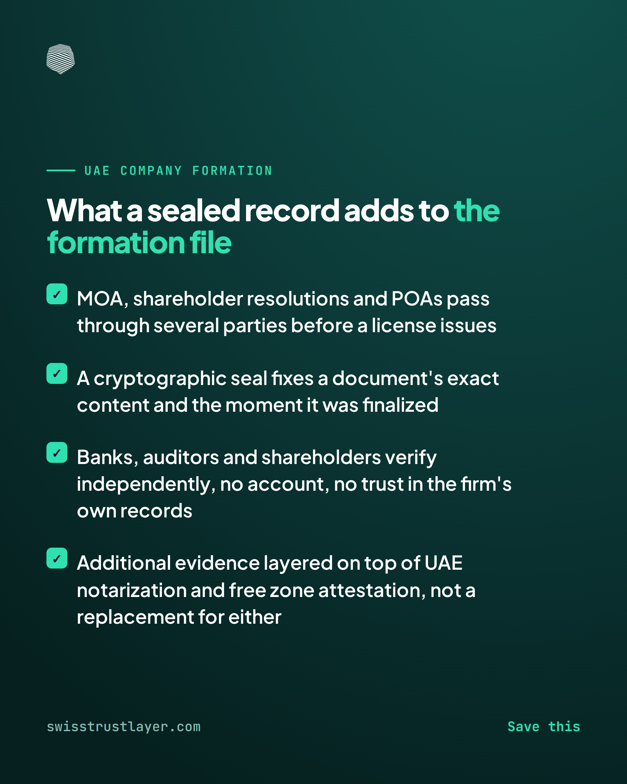 For UAE company-formation firms: sealed, verifiable corporate documents — Swiss Trust Layer
